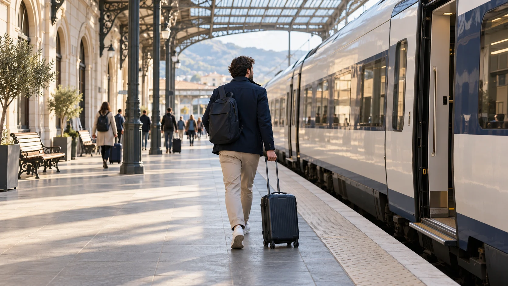 Bir tren istasyonunun peronunda valiziyle yürüyen yolcunun temsili görüntüsü.